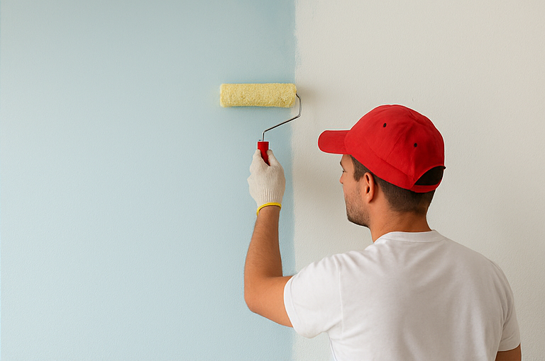 Profi festő hengerrel festi a falat – BrutalBau lakásfelújítás Budapest és Pest megye