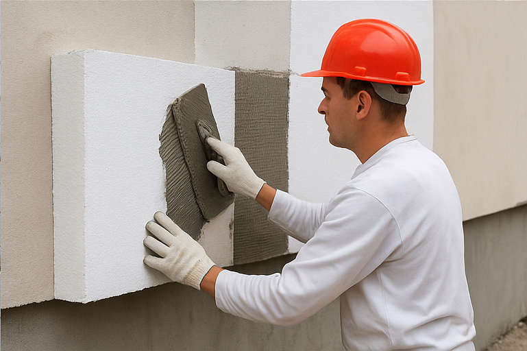 Minőségi hőszigetelés alkalmazása egy szakértő építőipari munkás által.