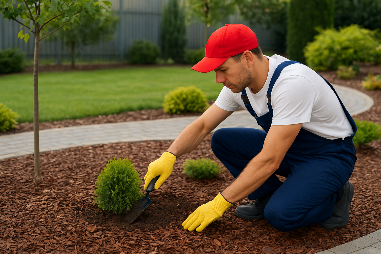 Kertépítő szakember fáradhatatlanul dolgozik a kert rendbetételén, növény ültetése közben.